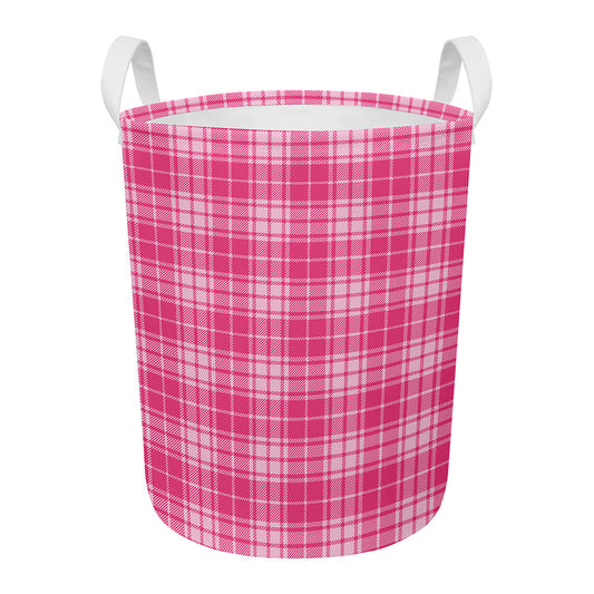 Pink Tartan Pattern Print Round Laundry Basket