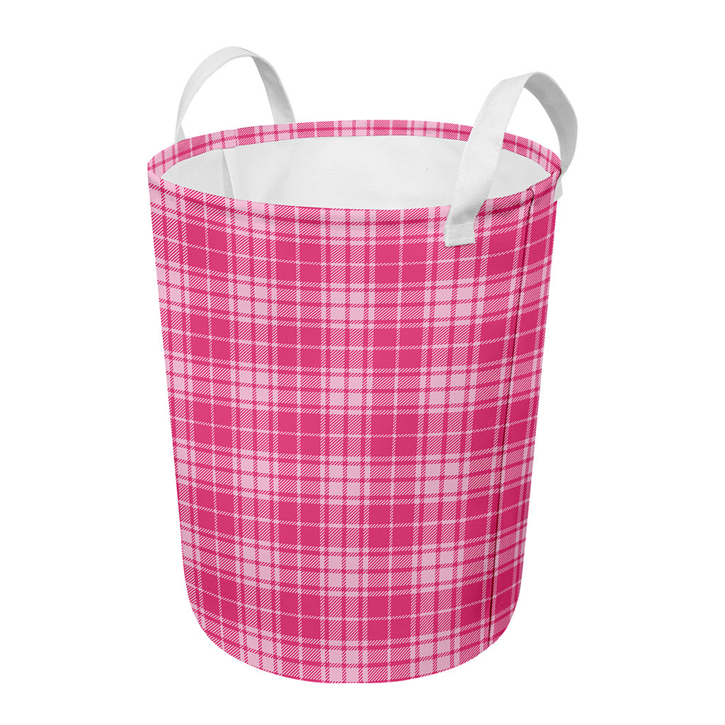 Pink Tartan Pattern Print Round Laundry Basket