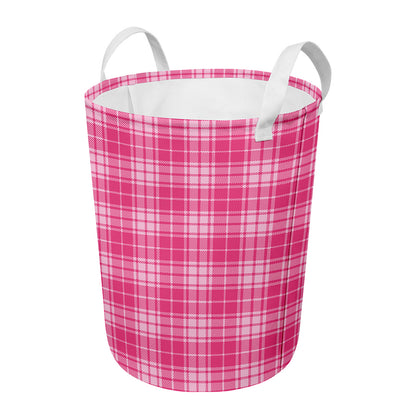 Pink Tartan Pattern Print Round Laundry Basket