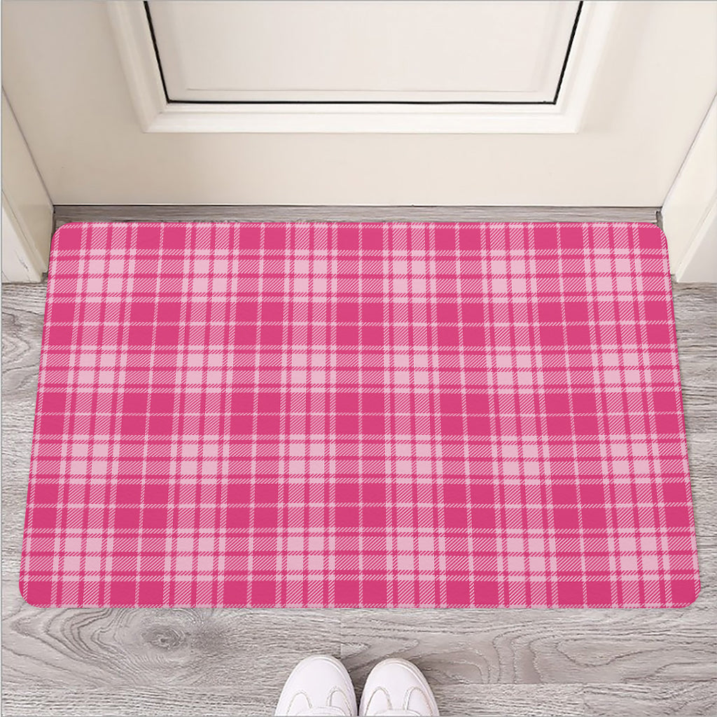 Pink Tartan Pattern Print Rubber Doormat