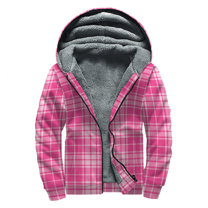 Pink Tartan Pattern Print Sherpa Lined Zip Up Hoodie