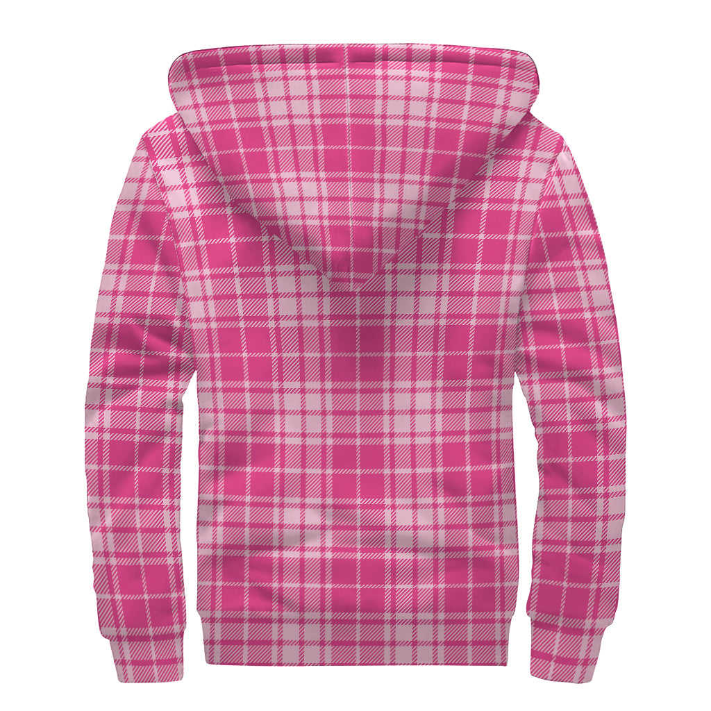 Pink Tartan Pattern Print Sherpa Lined Zip Up Hoodie