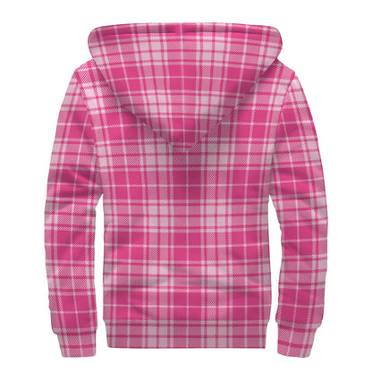 Pink Tartan Pattern Print Sherpa Lined Zip Up Hoodie