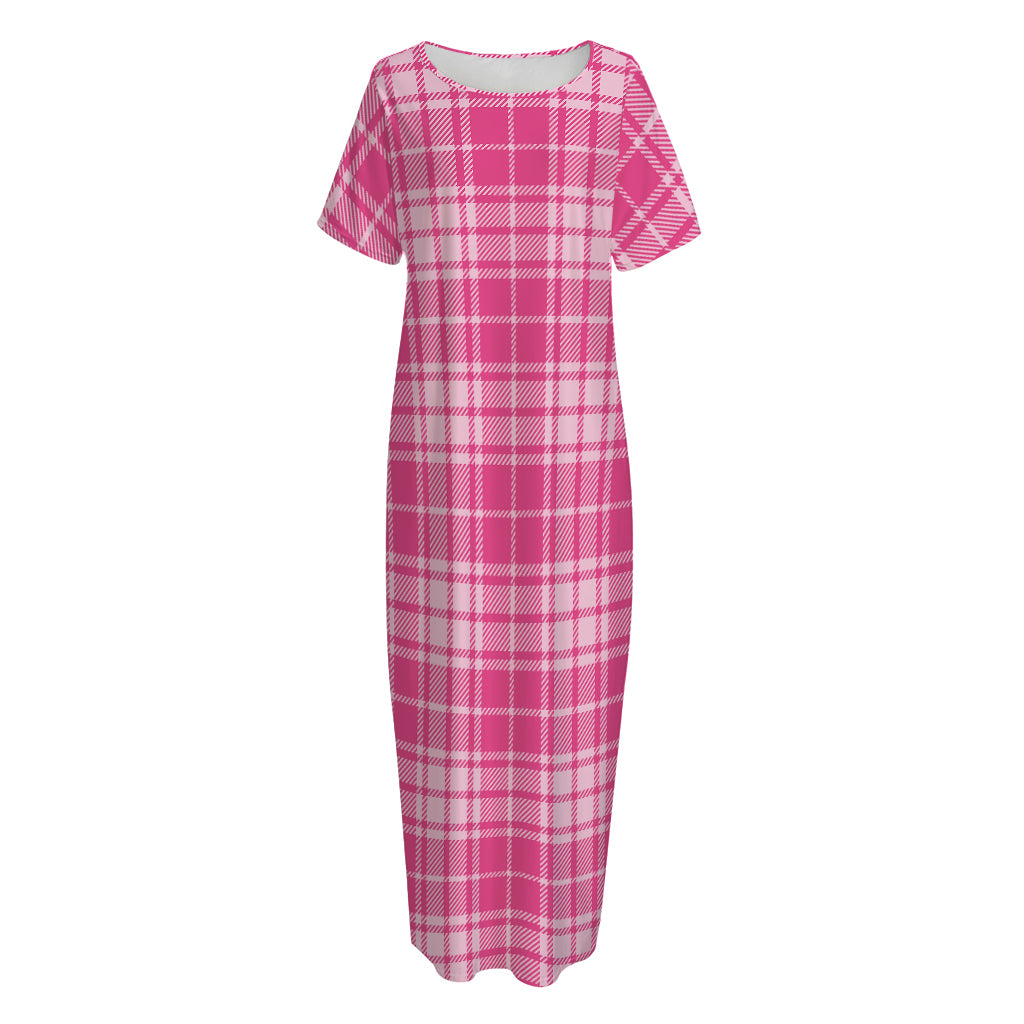 Pink Tartan Pattern Print Short Sleeve Long Nightdress