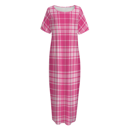 Pink Tartan Pattern Print Short Sleeve Long Nightdress