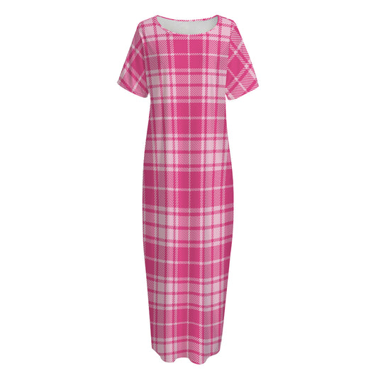 Pink Tartan Pattern Print Short Sleeve Long Nightdress