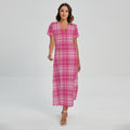 Pink Tartan Pattern Print Short Sleeve Maxi Dress