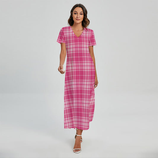 Pink Tartan Pattern Print Short Sleeve Maxi Dress