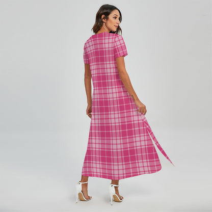 Pink Tartan Pattern Print Short Sleeve Maxi Dress
