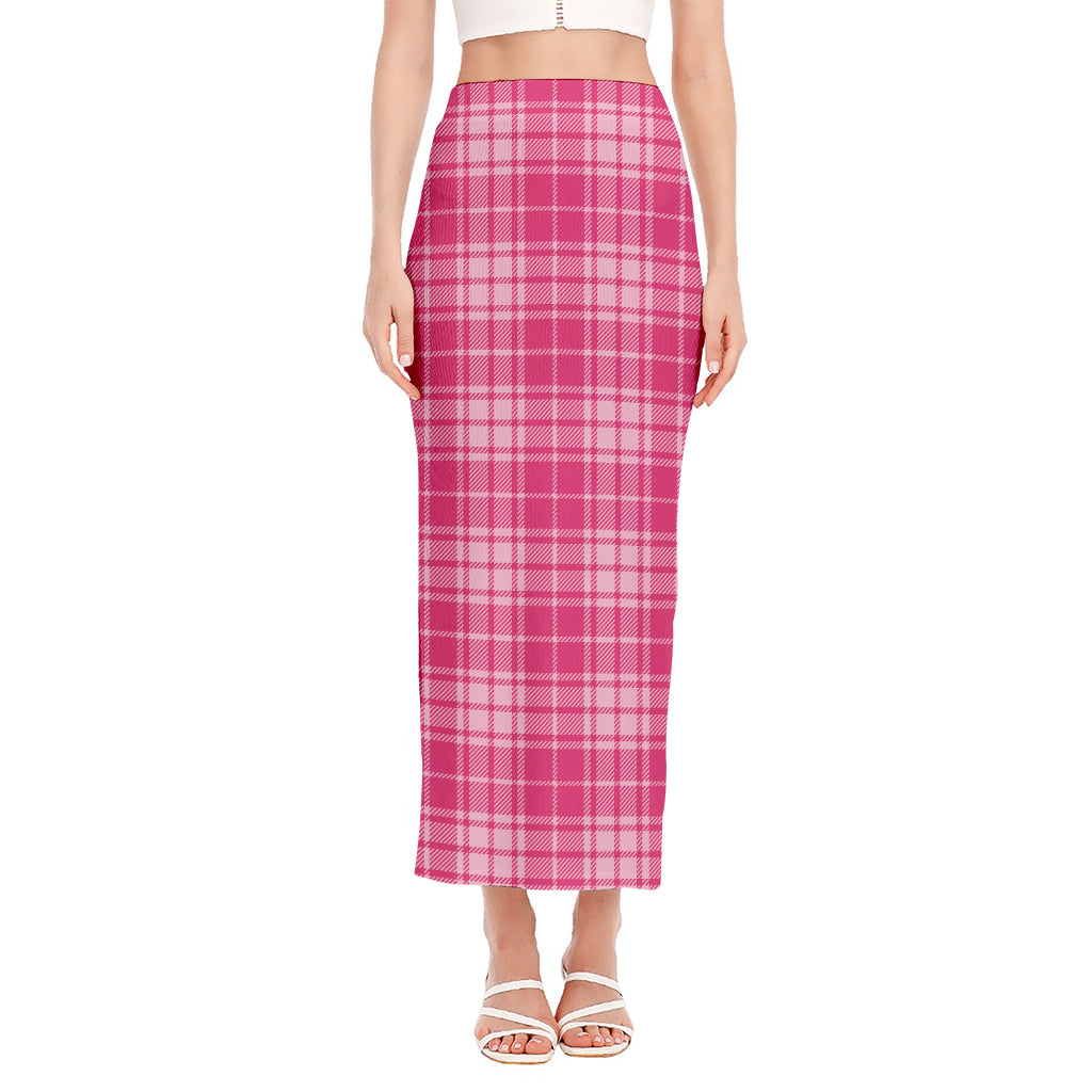 Pink Tartan Pattern Print Side Slit Maxi Skirt