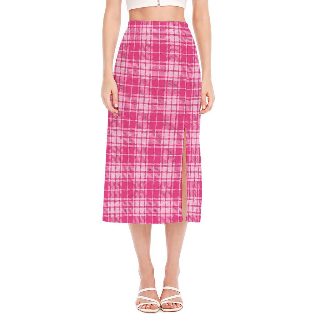 Pink Tartan Pattern Print Side Slit Midi Skirt