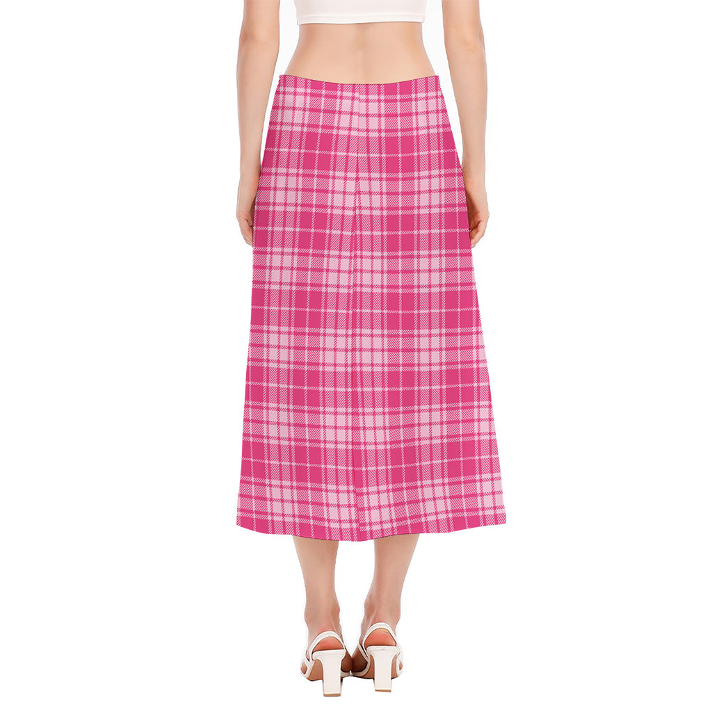 Pink Tartan Pattern Print Side Slit Midi Skirt