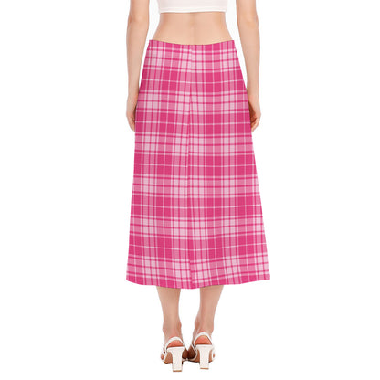 Pink Tartan Pattern Print Side Slit Midi Skirt