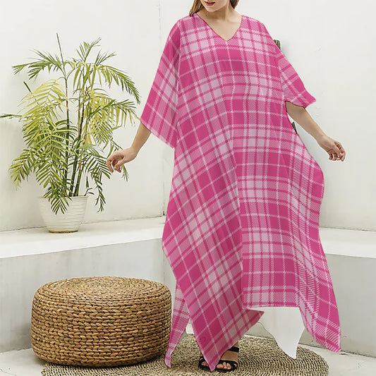 Pink Tartan Pattern Print Silk V-Neck Kaftan Dress