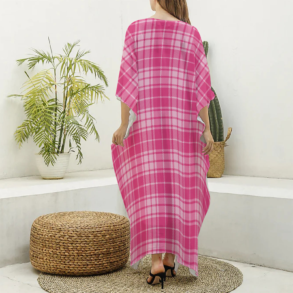 Pink Tartan Pattern Print Silk V-Neck Kaftan Dress
