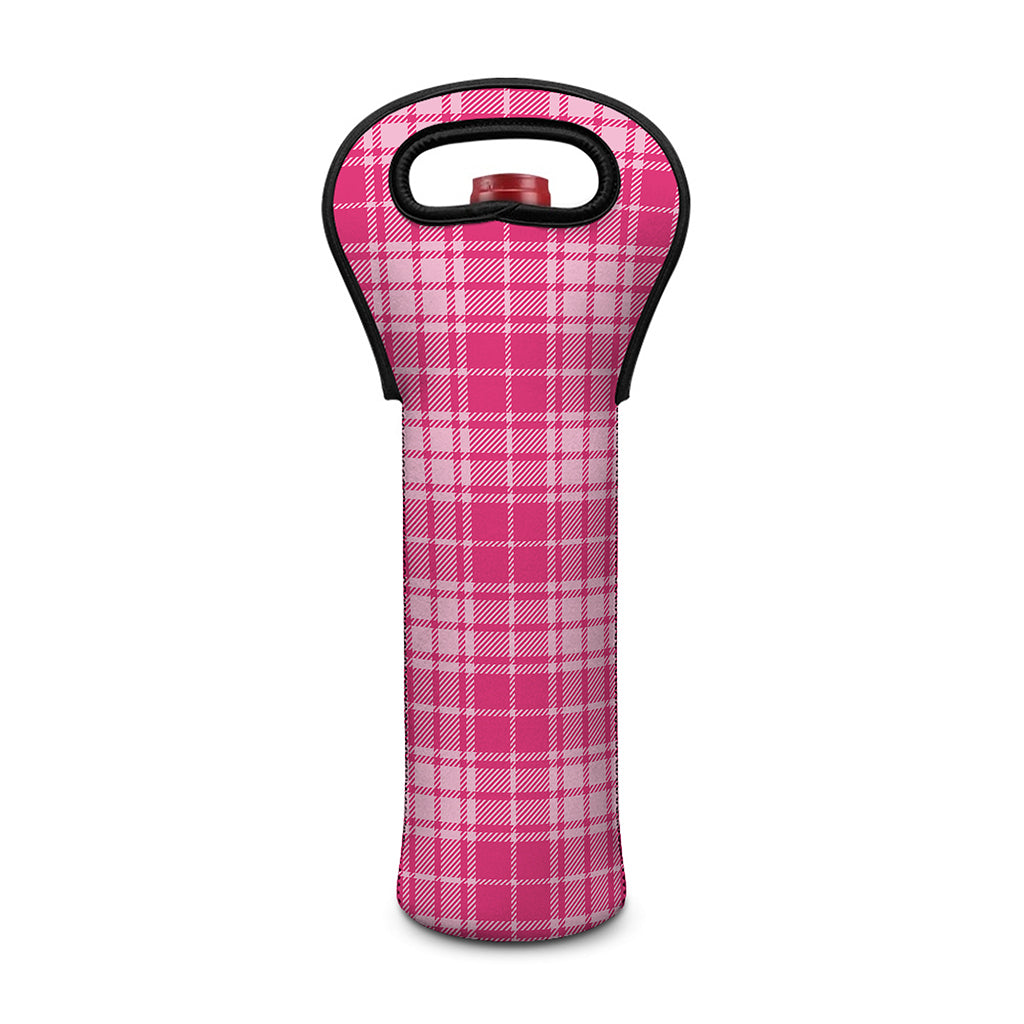 Pink Tartan Pattern Print Single Neoprene Wine Tote