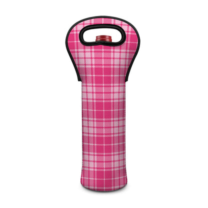 Pink Tartan Pattern Print Single Neoprene Wine Tote