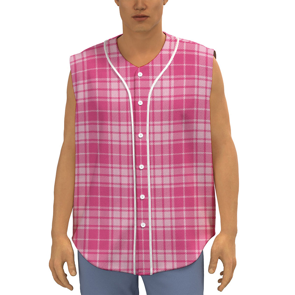 Pink Tartan Pattern Print Sleeveless Baseball Jersey