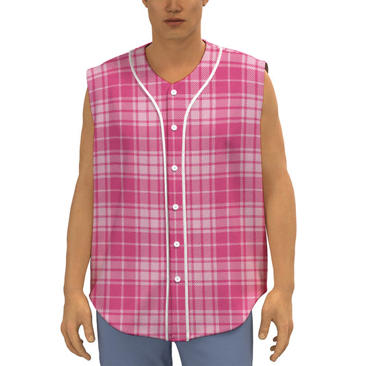 Pink Tartan Pattern Print Sleeveless Baseball Jersey
