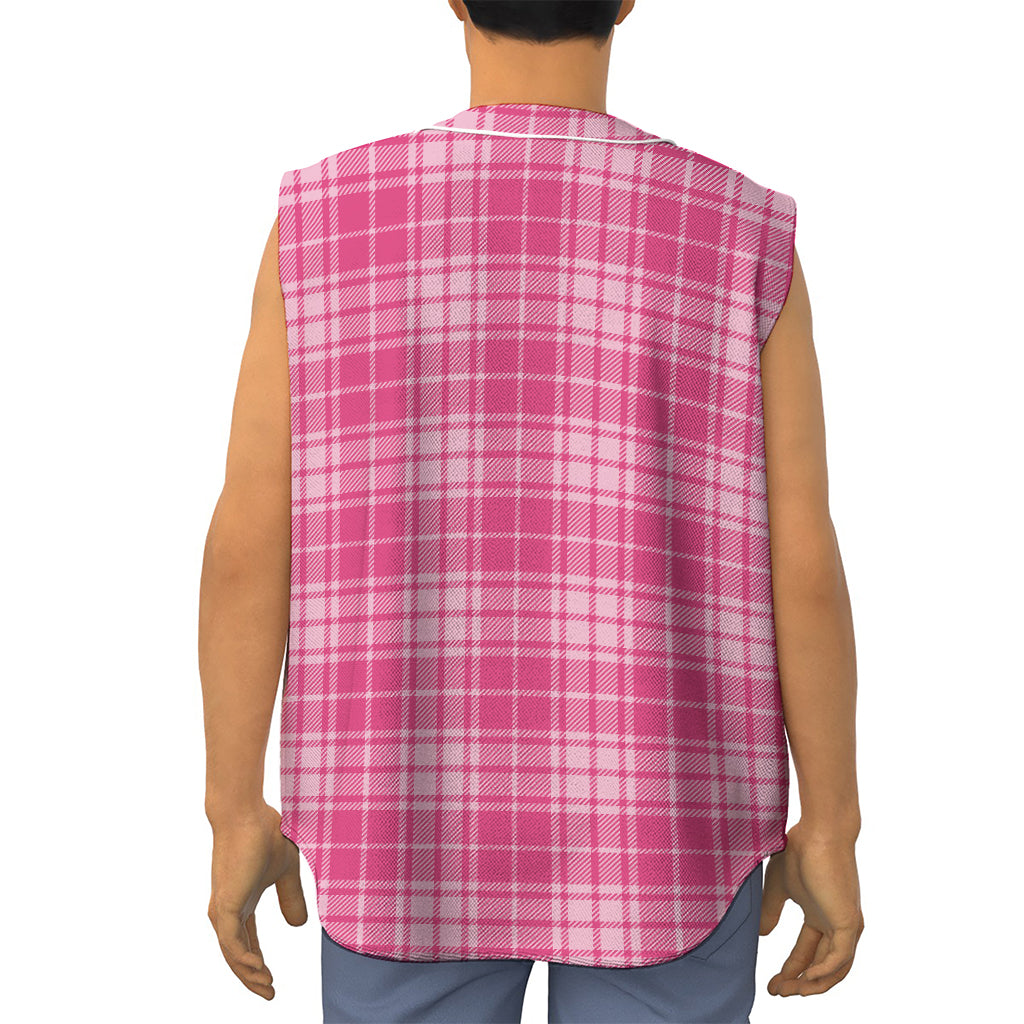 Pink Tartan Pattern Print Sleeveless Baseball Jersey