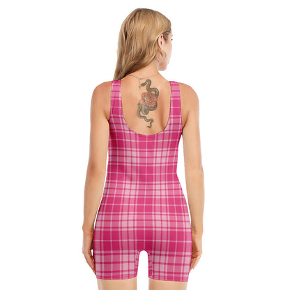 Pink Tartan Pattern Print Sleeveless One Piece Swimsuit