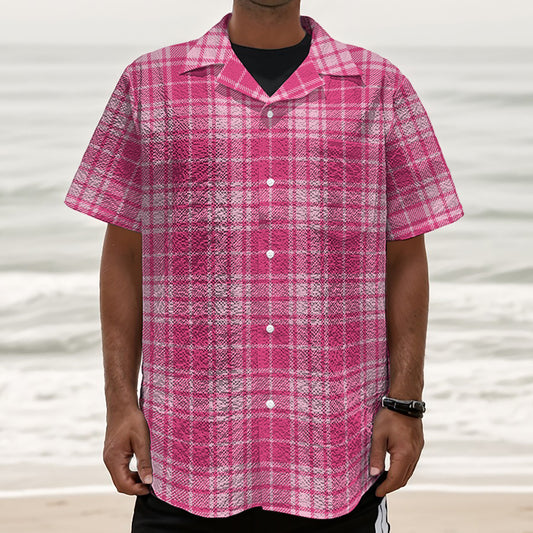 Pink Tartan Pattern Print Textured Short Sleeve Shirt