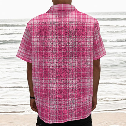 Pink Tartan Pattern Print Textured Short Sleeve Shirt