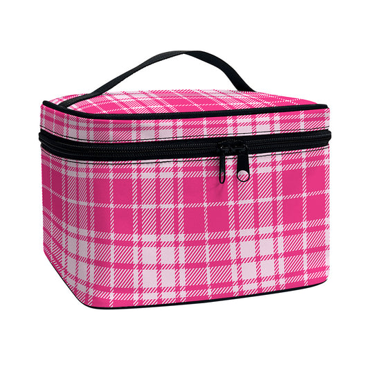 Pink Tartan Pattern Print Travel Makeup Bag