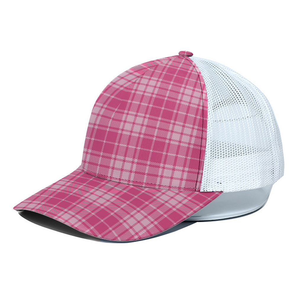 Pink Tartan Pattern Print White Mesh Trucker Cap
