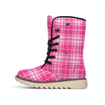 Pink Tartan Pattern Print Winter Boots