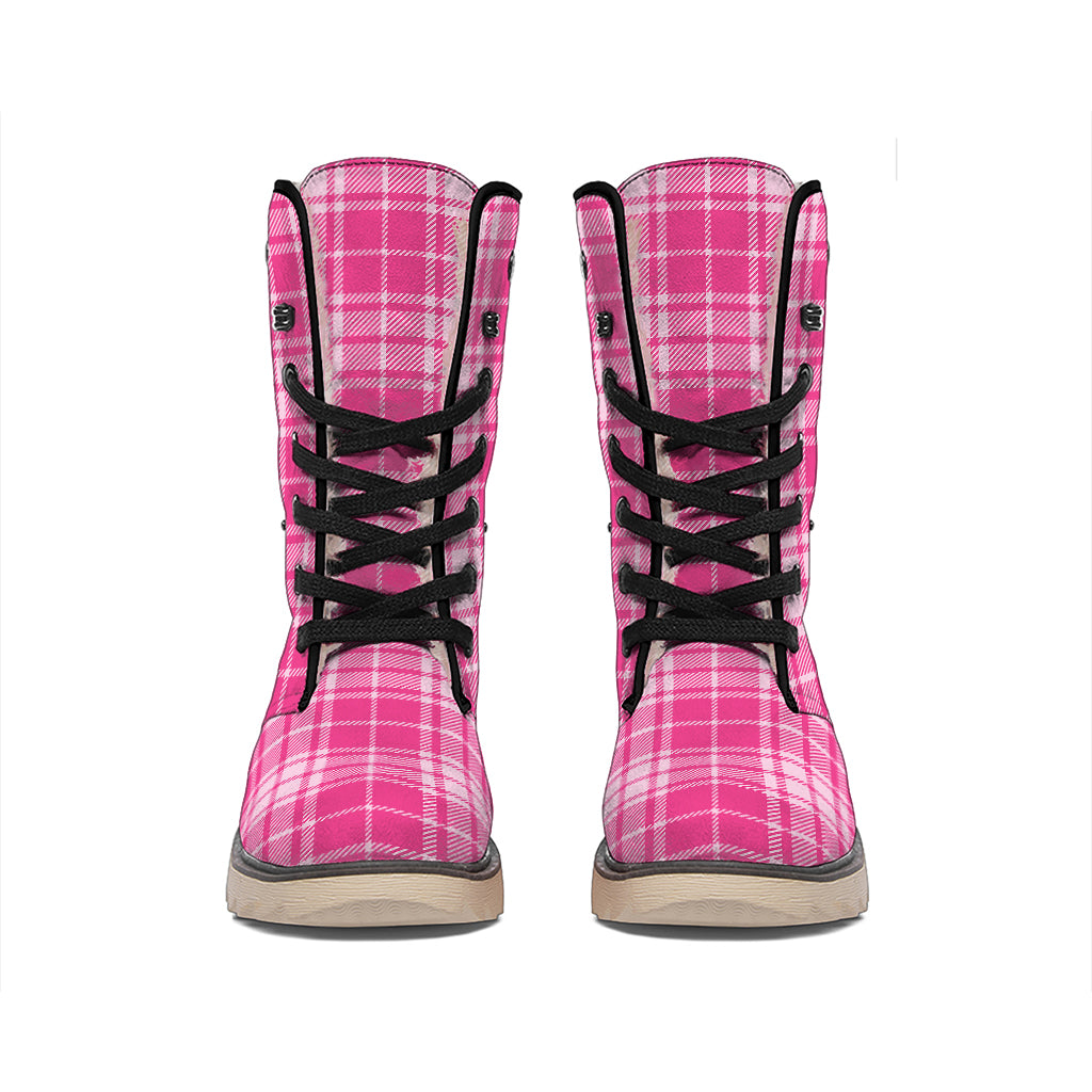 Pink Tartan Pattern Print Winter Boots