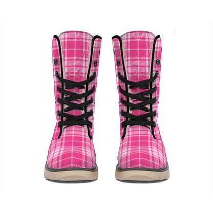 Pink Tartan Pattern Print Winter Boots