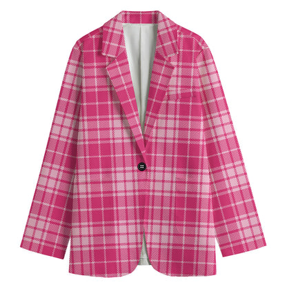 Pink Tartan Pattern Print Women's Cotton Blazer