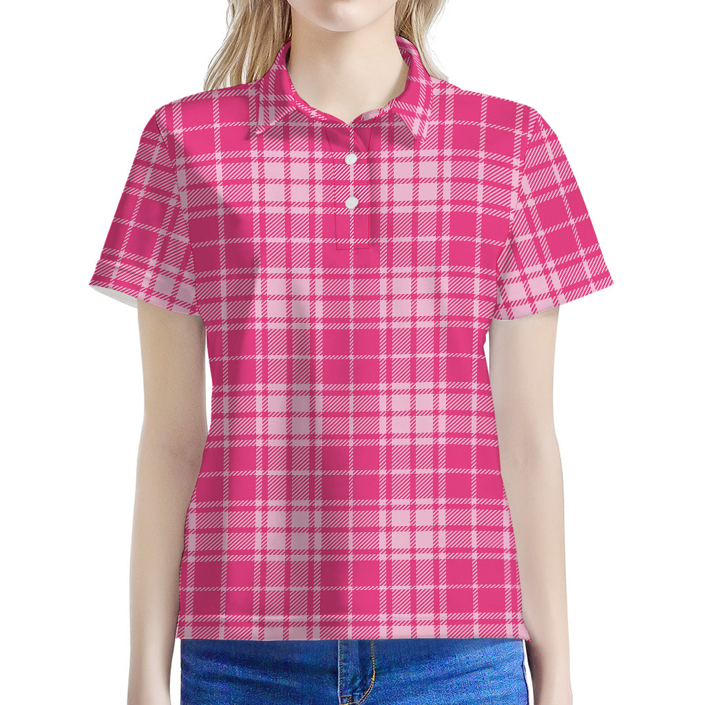 Pink Tartan Pattern Print Women's Polo Shirt
