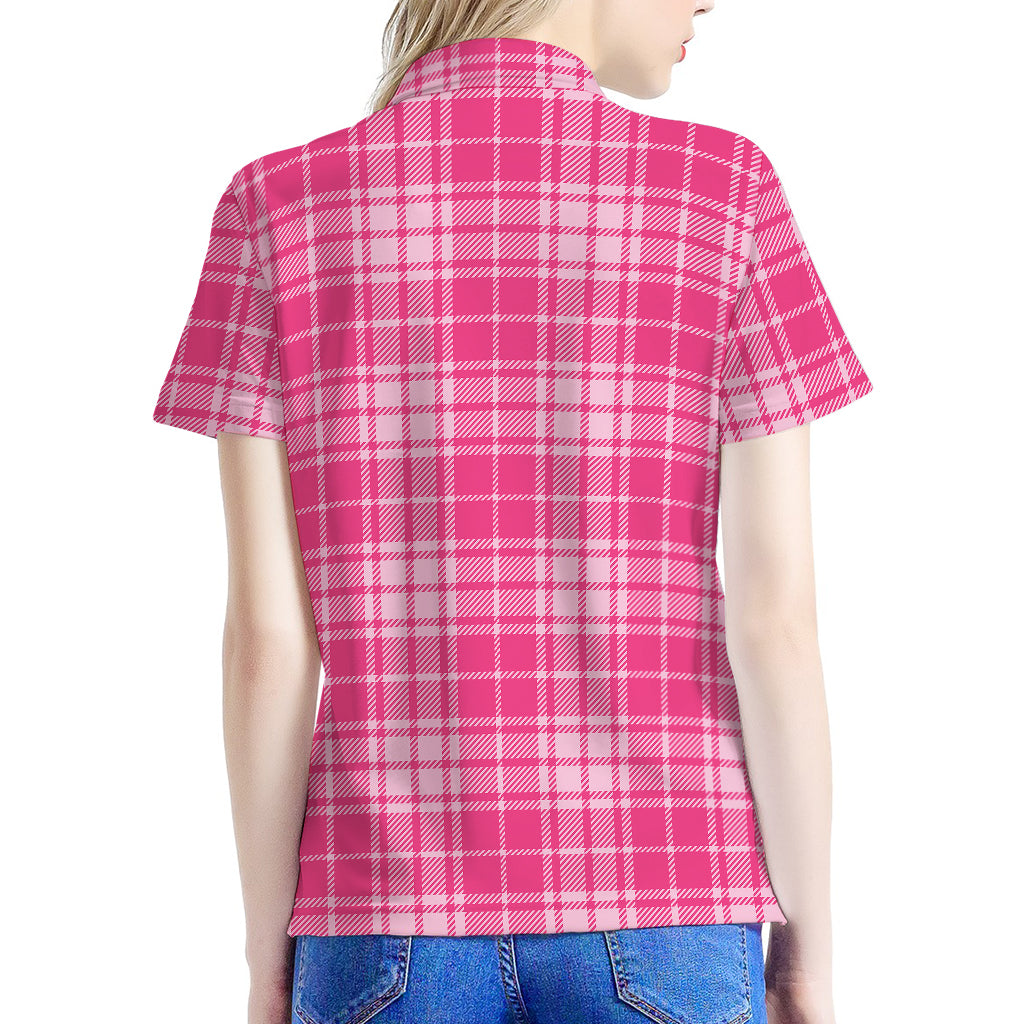 Pink Tartan Pattern Print Women's Polo Shirt