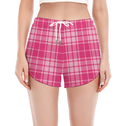 Pink Tartan Pattern Print Women's Split Running Shorts