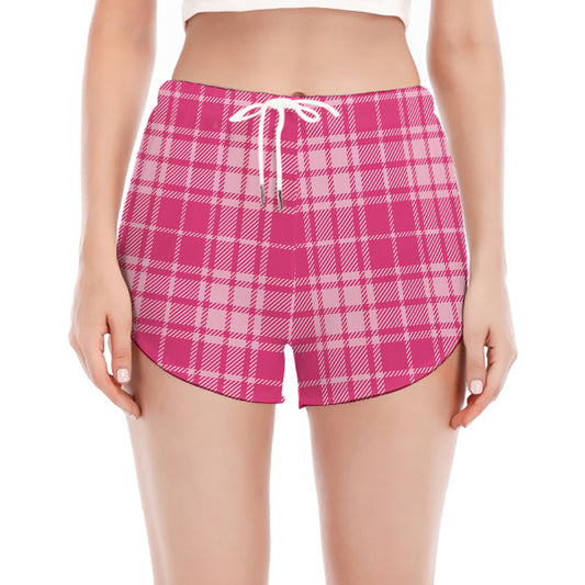 Pink Tartan Pattern Print Women's Split Running Shorts