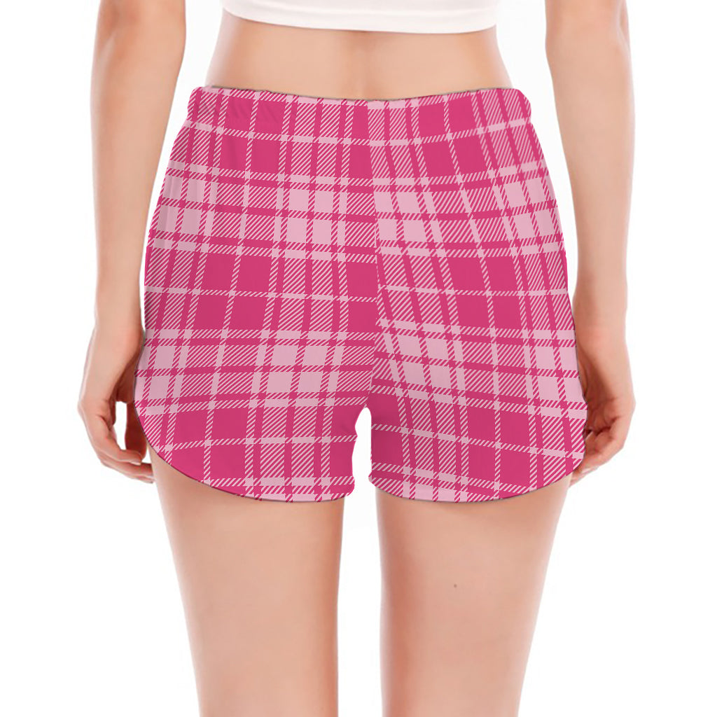 Pink Tartan Pattern Print Women's Split Running Shorts