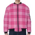 Pink Tartan Pattern Print Zip Sleeve Bomber Jacket