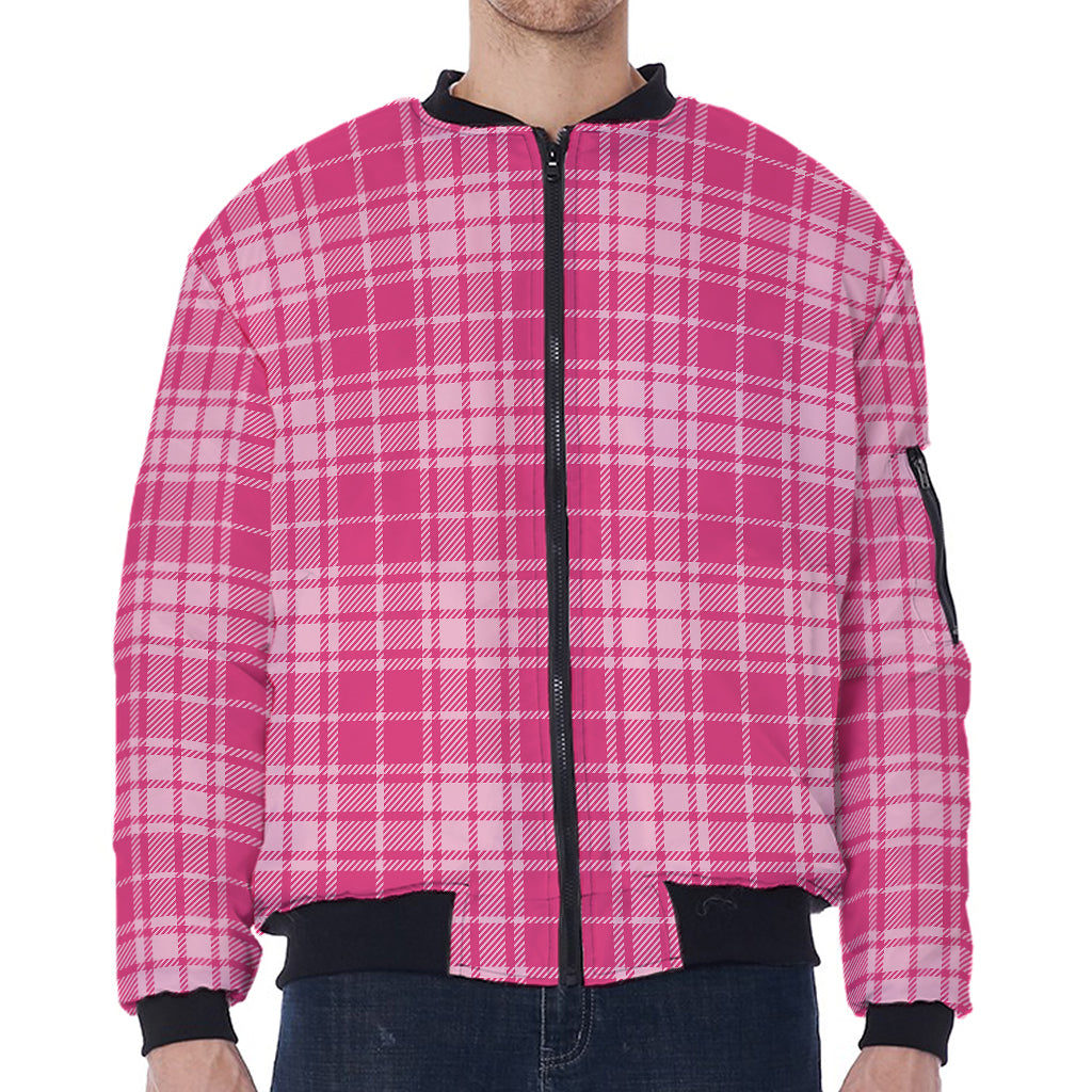 Pink Tartan Pattern Print Zip Sleeve Bomber Jacket