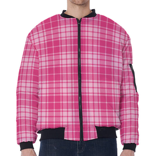 Pink Tartan Pattern Print Zip Sleeve Bomber Jacket