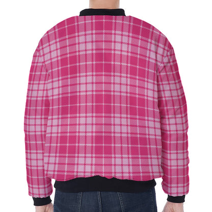 Pink Tartan Pattern Print Zip Sleeve Bomber Jacket