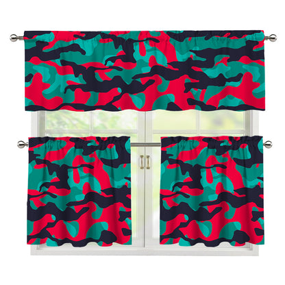 Pink Teal And Black Camouflage Print 3 Piece Kitchen Curtains