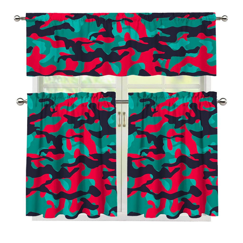 Pink Teal And Black Camouflage Print 3 Piece Kitchen Curtains