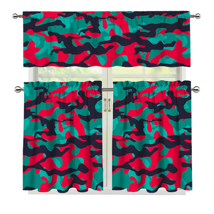 Pink Teal And Black Camouflage Print 3 Piece Kitchen Curtains