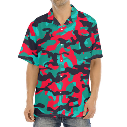 Pink Teal And Black Camouflage Print Aloha Shirt