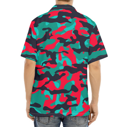 Pink Teal And Black Camouflage Print Aloha Shirt