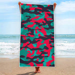 Pink Teal And Black Camouflage Print Beach Towel