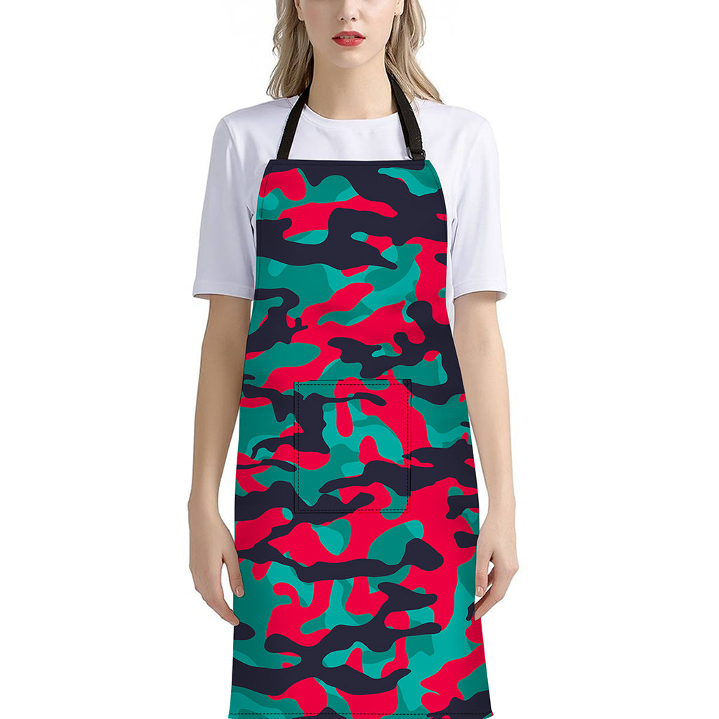 Pink Teal And Black Camouflage Print Bib Apron With Pocket