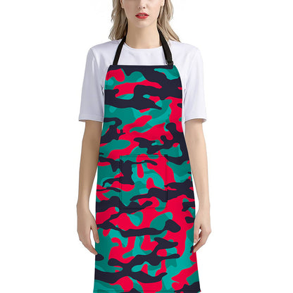 Pink Teal And Black Camouflage Print Bib Apron With Pocket